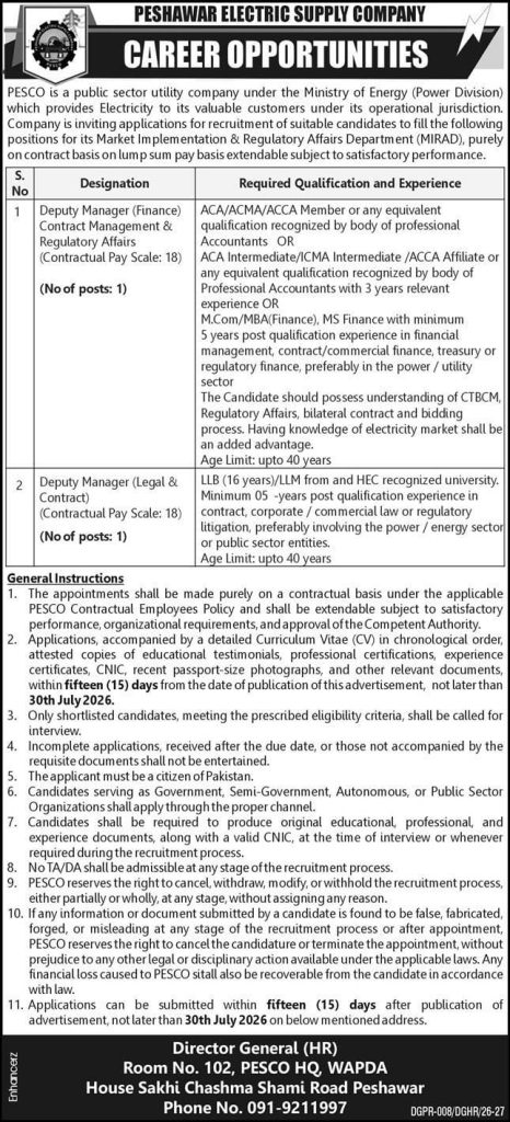 Peshawar Electric Supply Company Jobs 2026