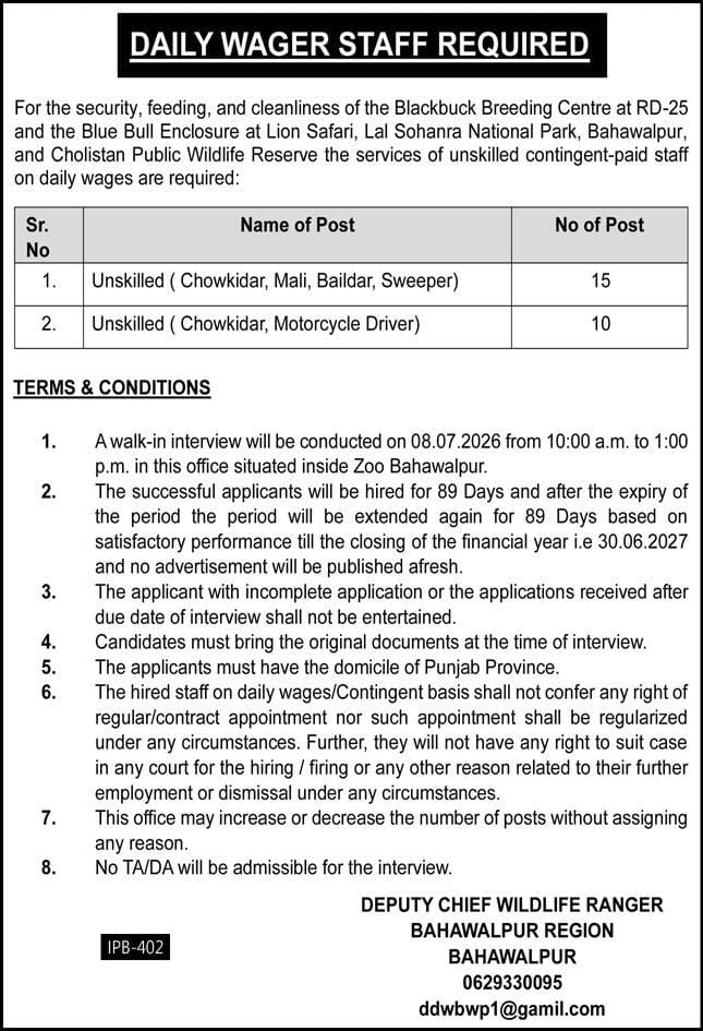 Deputy Chief Wildlife Ranger , Bahawalpur Jobs 2026