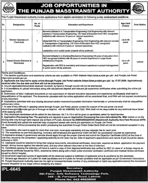 Punjab Masstransit Authority Jobs 2026