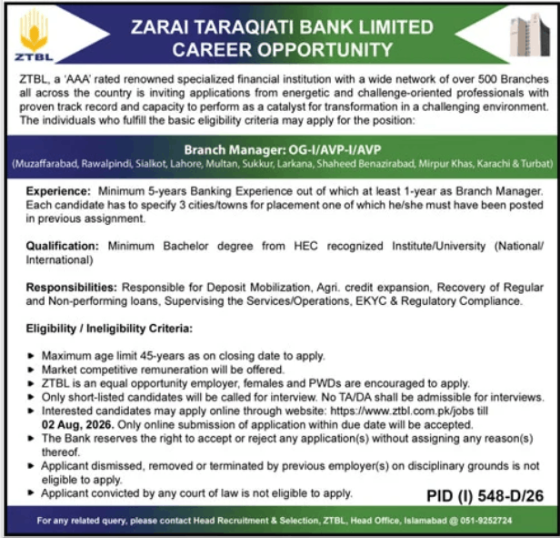 Zarai Taraqiati  Bank Limited Jobs 2026