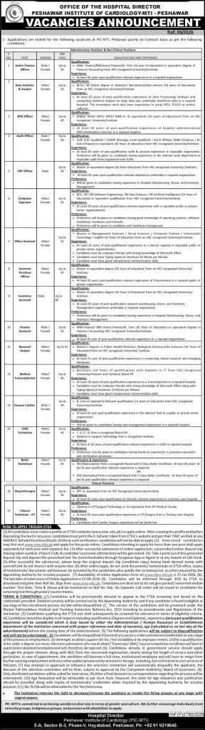 Peshawar institute of Cardiology -MTI Jobs 2026