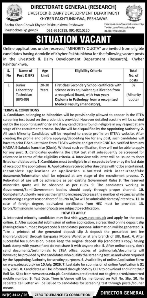 Livestock and Dairy Development Department KPK , Peshawar Jobs 2026