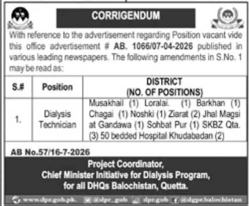 Chief Minister Initiative for Dialysis Program for all DHQs Balochistan , Quetta Jobs 2026