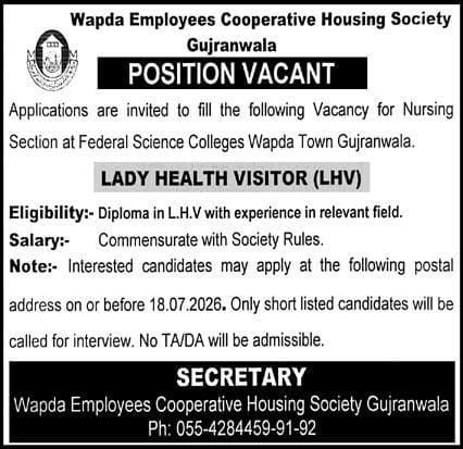 WAPDA Employees Cooperative Housing Society Gujranwala Jobs 2026