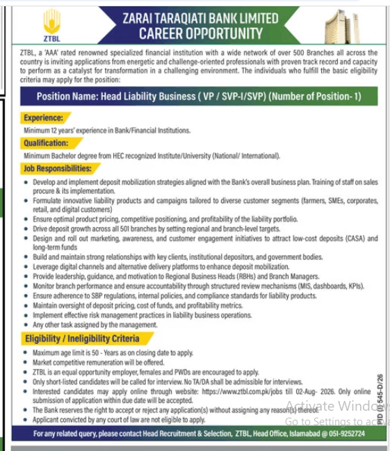 Zarai Taraqiati  Bank Limited Jobs 2026