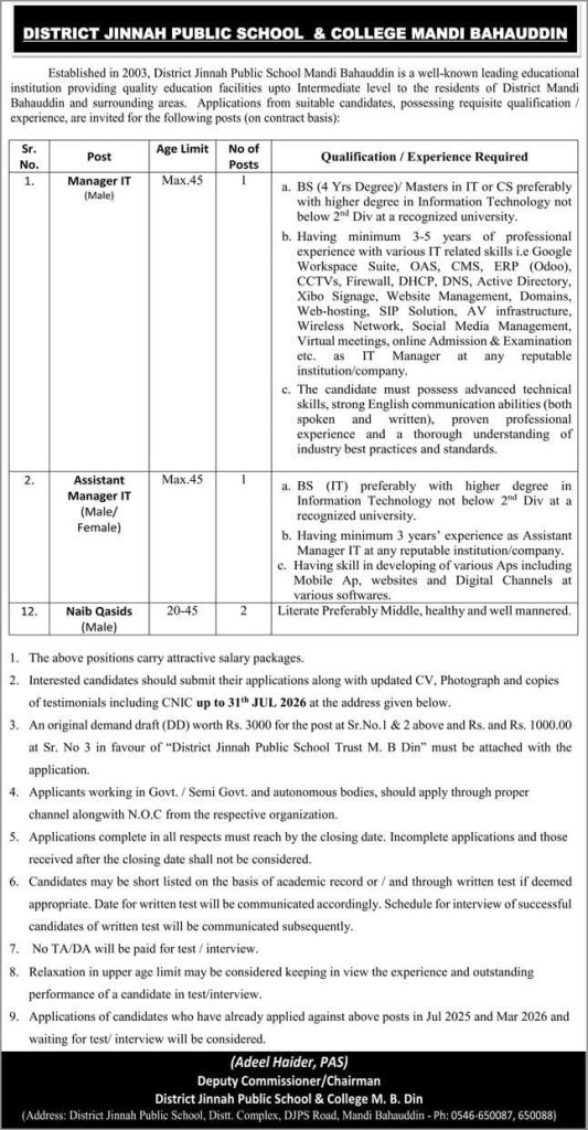District Jinnah Public schools and Colleges Mandi Bahauddin Jobs 2026