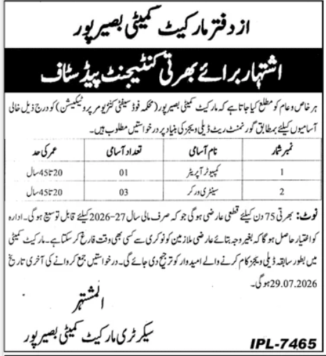 Office of Market Committee Basirpur Jobs 2026