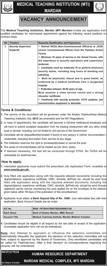 Medical Teaching Institution Mardan Jobs 2026