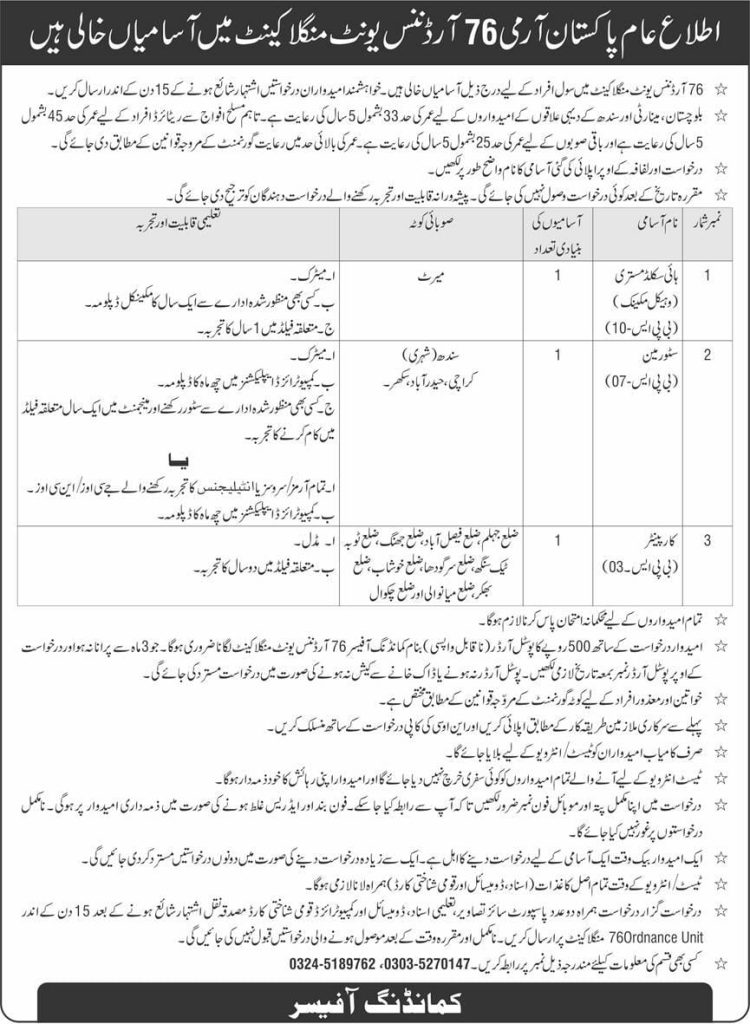 Army Ordnance Corps -76 Ordnance Unit Multan Cantt  Jobs 2026