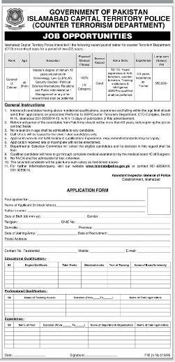 Islamabad Capital Territory Police (Center Terrorism Department )Jobs 2026