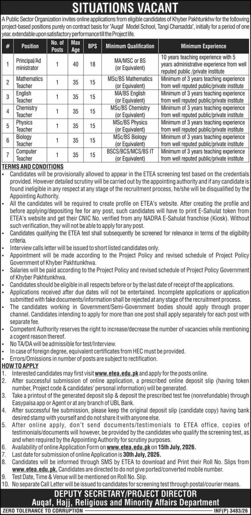 Auqaf Model School , Tangi Charsadda Jobs 2026