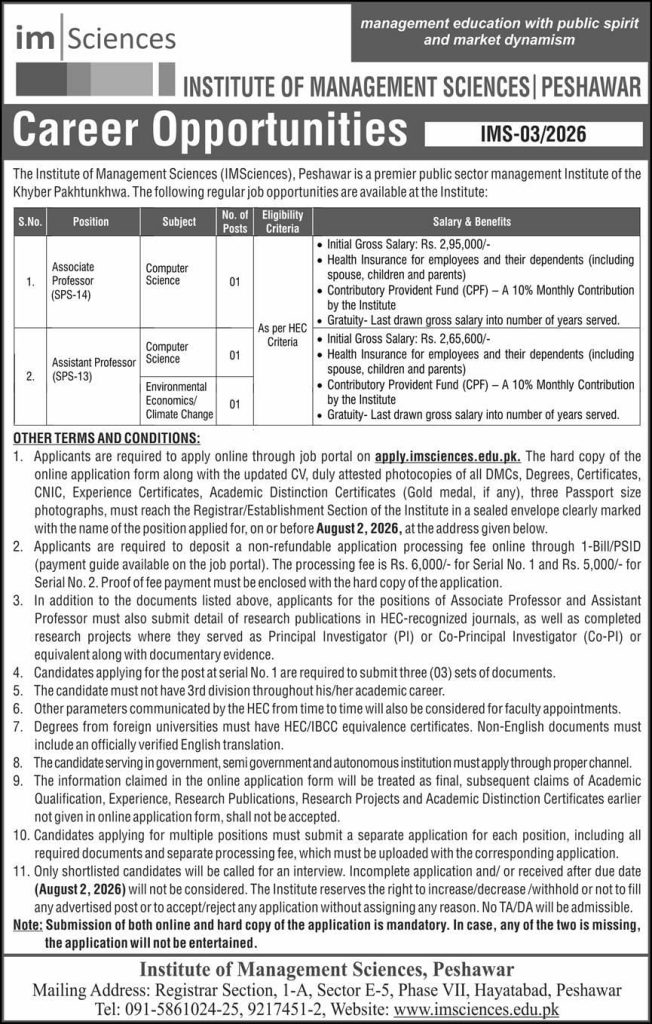 Institute of Management Science , Peshawar  Jobs 2026