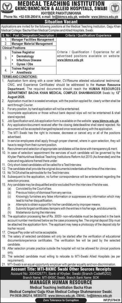 Medical Teaching Institution Gajju Khan Medical College/ Bacha khan Medical Complex and Allied Hospitals , Swabi  Jobs 2026