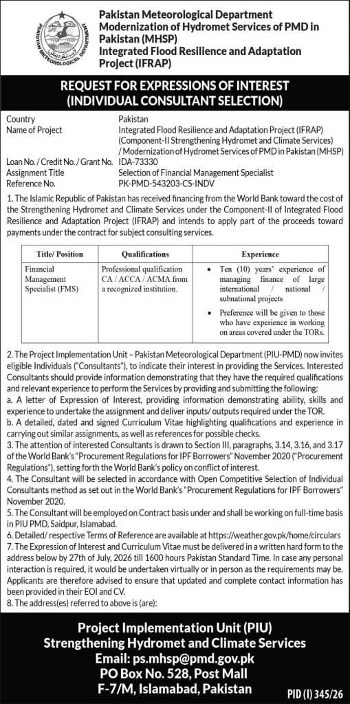 Pakistan  Meteorological Department (MHSP)(IFRAP) Jobs 2026