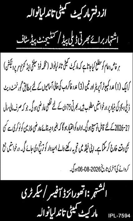Market Committee , Tandlianwala Jobs 2026