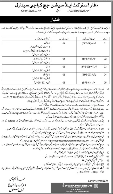 Office of District and Section judge Karachi Central Jobs 2026