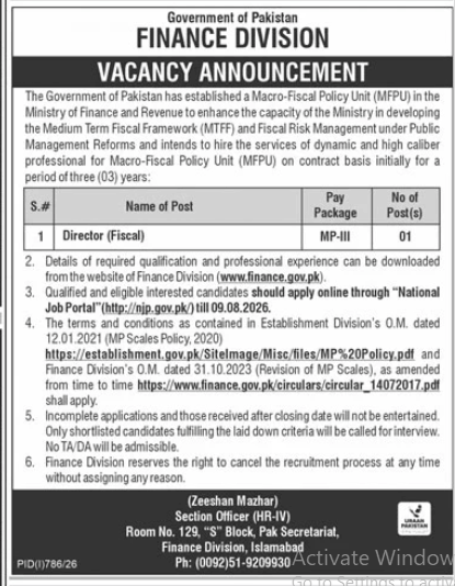 Government of Pakistan Finance Division Jobs 2026