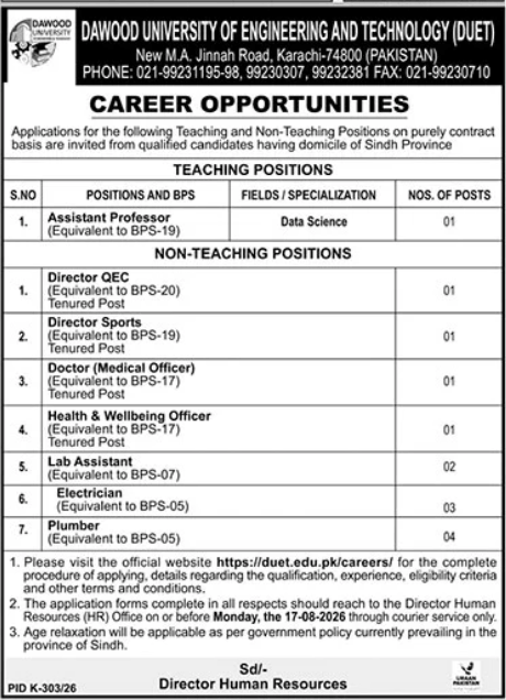 Dawood University of Engineering and Technology Jobs 2026