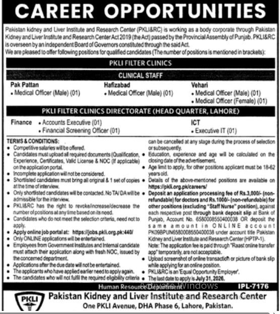 Pakistan kidney and liver institute and research center Jobs 2026