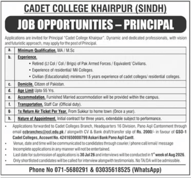 Cadet College Khairpur (Sindh ) Jobs 2026