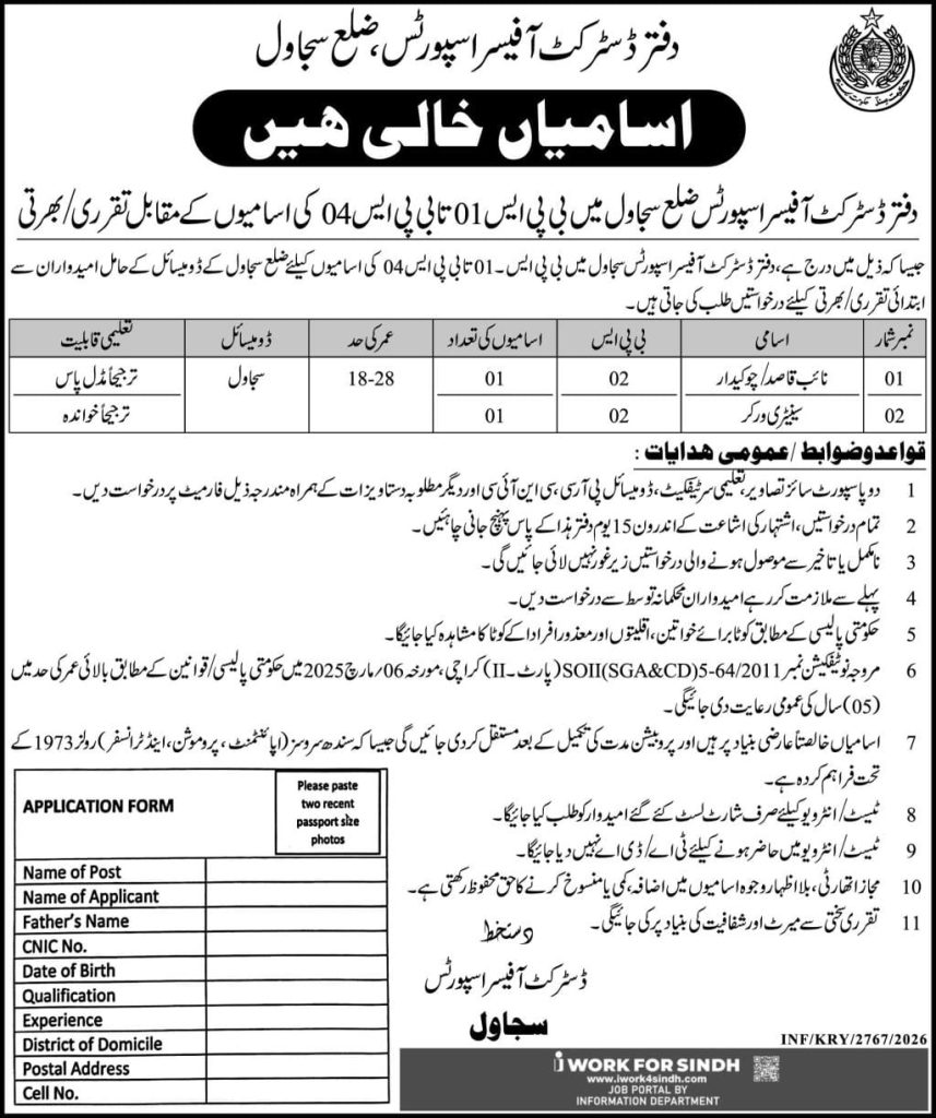 Office of District Officer Supports Division Sujawal Jobs 2026