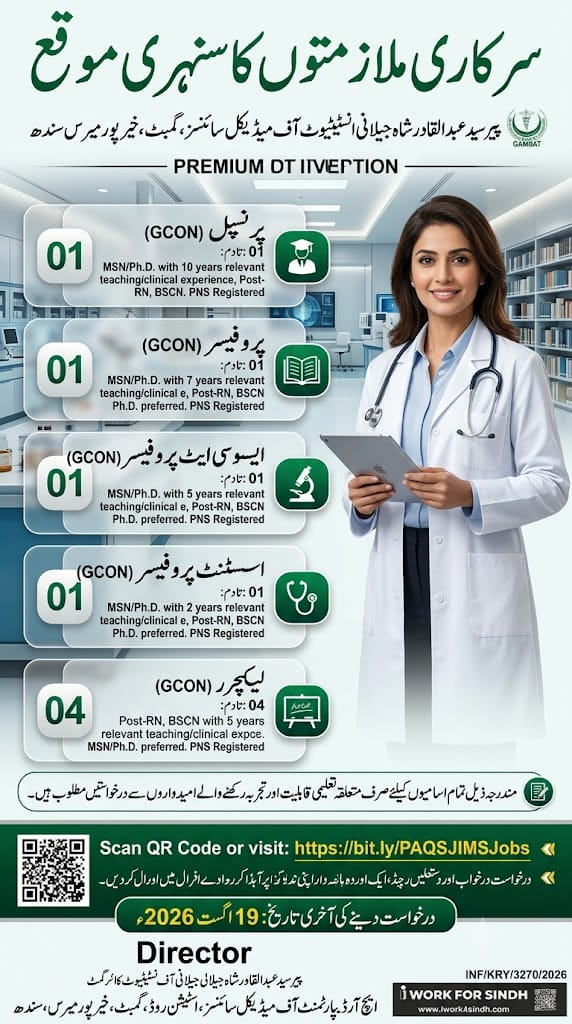 Pir Abdul Qadir Jeelani Institute of Medical Science , Gambat , Khairpur Mirs, Sindh Jobs 2026