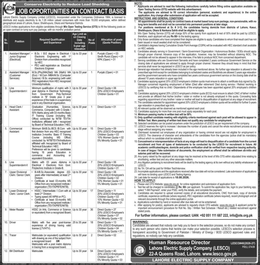 Lahore Electric Supply Company Limited Jobs 2026