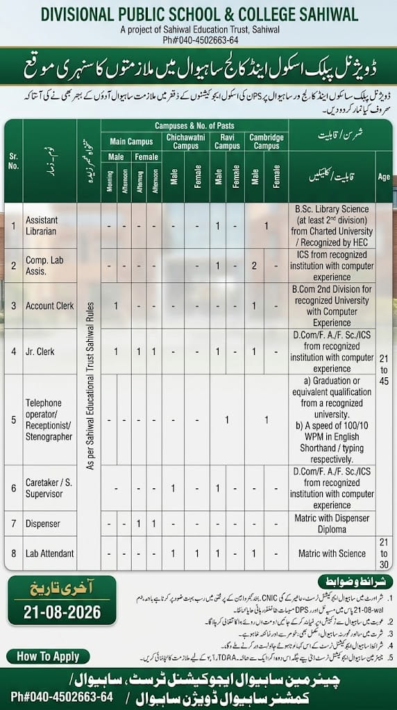 BEST DIVISIONAL PUBLIC SCHOOL AND COLLEGE SAHIWAL JOBS 2026