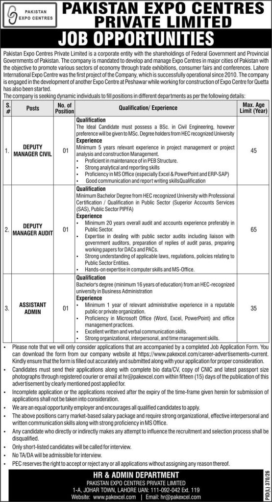 BEST PAKISTAN EXPO CENTERS JOBS 2026
