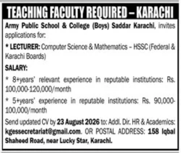 BEST ARMY PUBLIC SCHOOL & COLLEGE SADDAR KARACHI JOBS 2026
