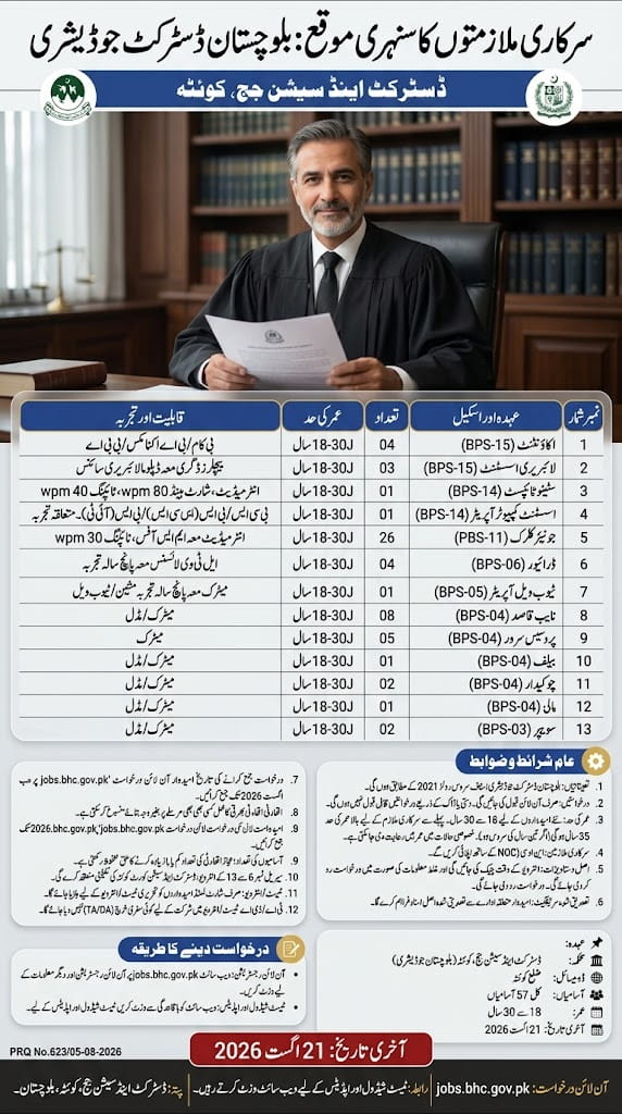 BEST DISTRICT AND SESSIONS JUDGE QUETTA JOBS 2026