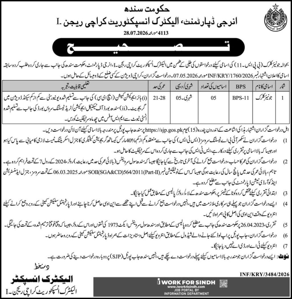 BEST ENERGY DEPARTMENT , ELECTRIC INSPECTORATE KARACHI REGION -I JOBS 2026