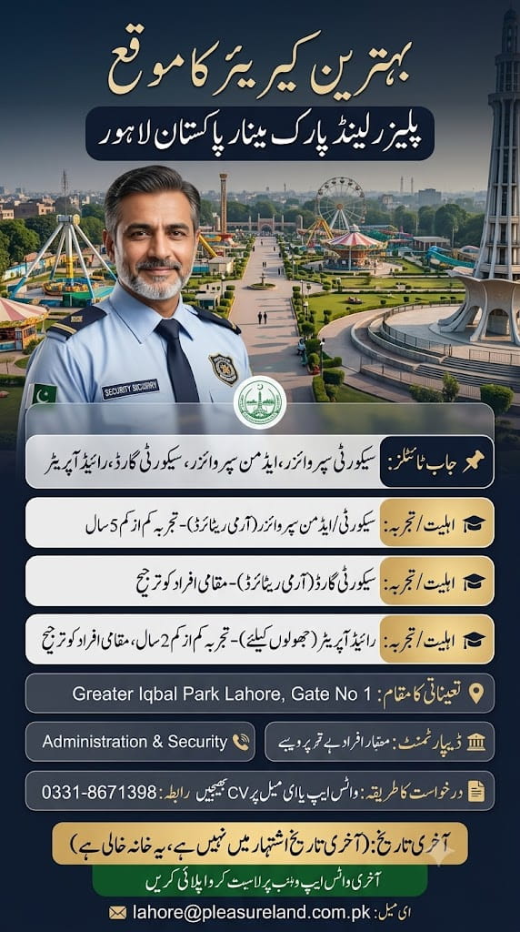 Player land Park Minar Pakistan Lahore Jobs 2026