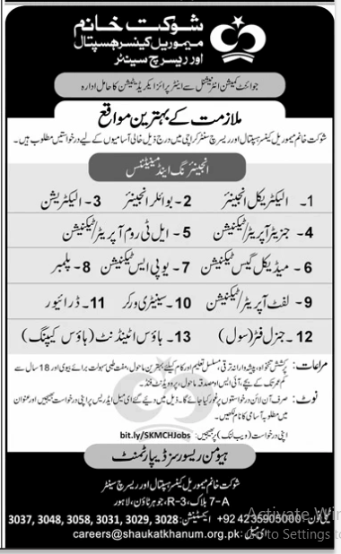 Shoukat Khanum Memorial Cancer Hospital and Search Center Jobs 2026
