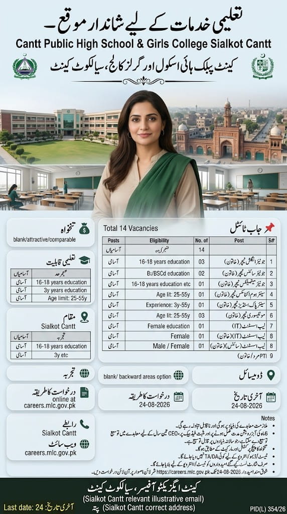 BEST CANTT PUBLIC HIGH SCHOOL & GIRLS COLLEGE SIALKOT JOBS 2026