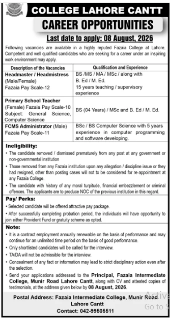 Fazaia Intermediate College Lahore cantt Jobs 2026