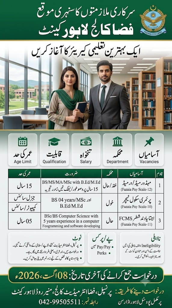 Fazaia Intermediate College Lahore cantt Jobs 2026
