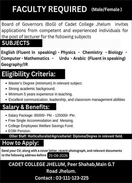 BEST BOARD OF GOVERNANCE OF CADET COLLEGE JOBS 2026