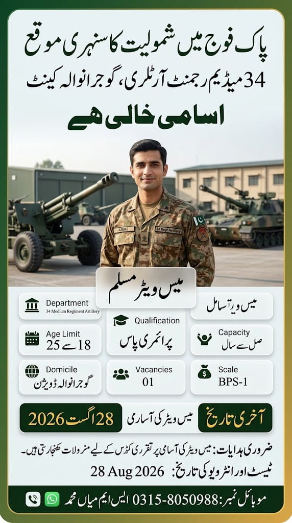 BEST 34 MEDIUM REGIMENT ARTILLERY , GUJRANWALA CANTT JOBS 2026