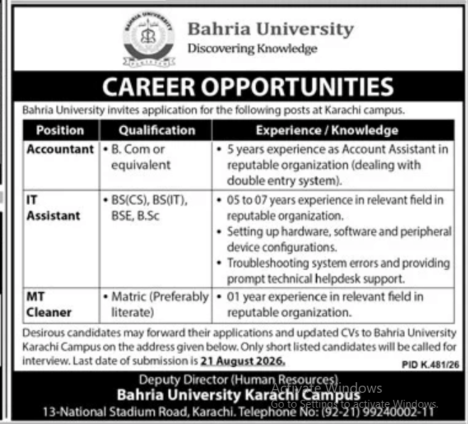 BEST BAHRIA UNIVERSITY JOBS 2026