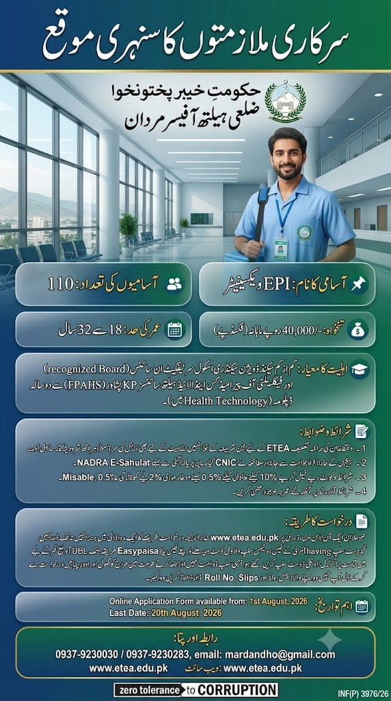 BEST HEALTH OFFICER MARDAN JOBS 2026