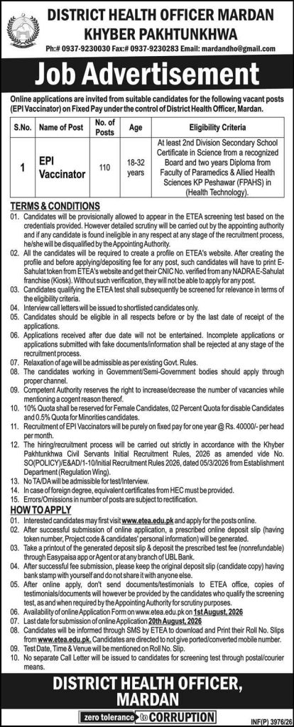 BEST HEALTH OFFICER MARDAN JOBS 2026