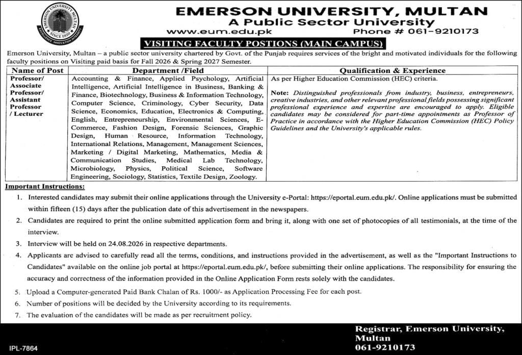 EMERSON University ,Multan Jobs 2026
