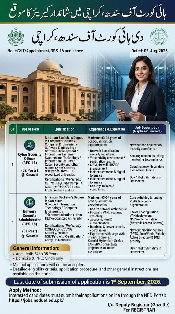 The High Court of Sindh , Karachi Jobs 2026