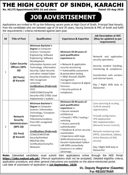 The High Court of Sindh , Karachi Jobs 2026