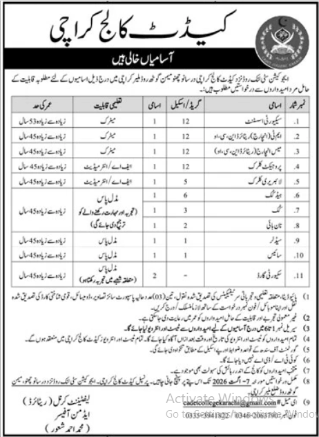 Cadet College ,Karachi Jobs 2026
