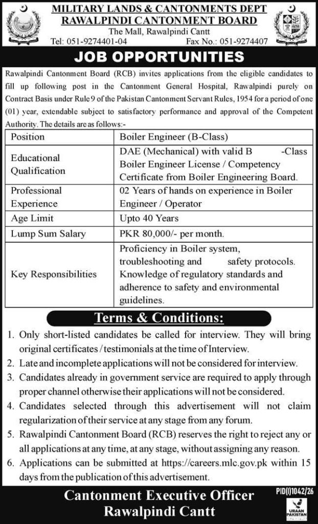 Military Lands and Cantonments Department Rawalpindi Cantonments Board Jobs 2026
