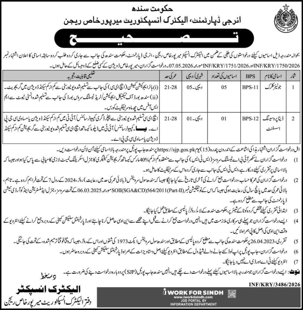 BEST ENERGY DEPARTMENT , ELECTRIC INSPECTORATE MIRPUR KHAS REGION JOBS 2026