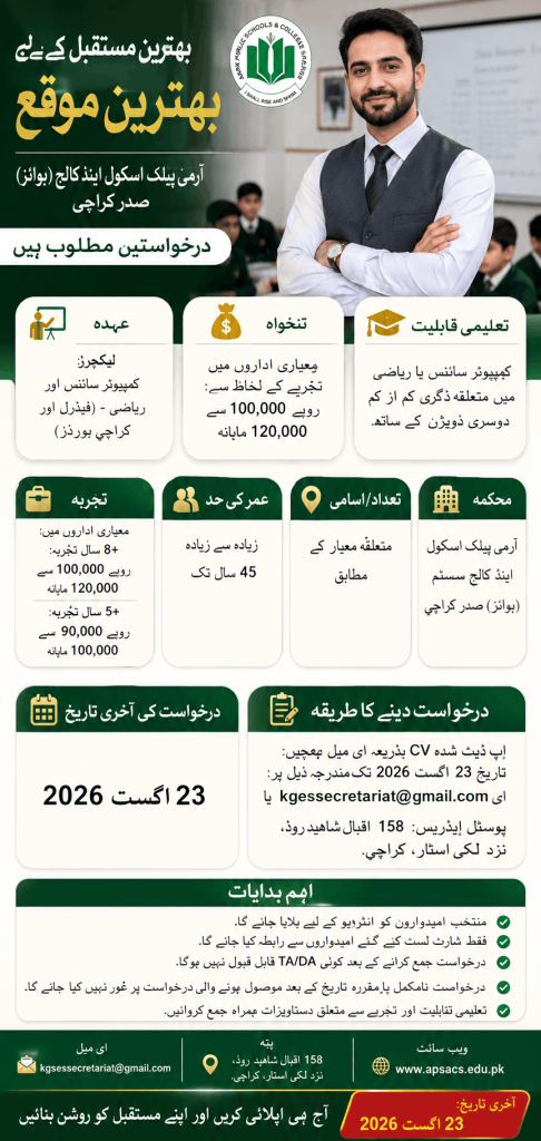 BEST ARMY PUBLIC SCHOOL & COLLEGE SADDAR KARACHI JOBS 2026