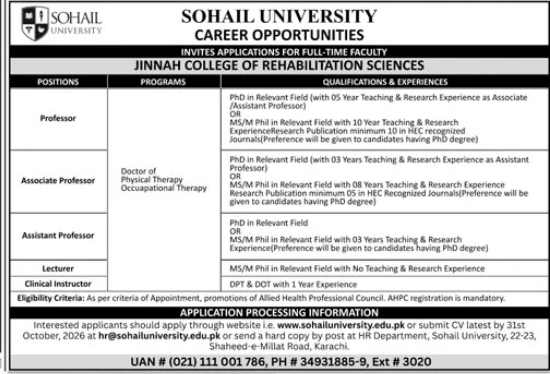 BEST SOHAIL UNIVERSITY JOBS 2026